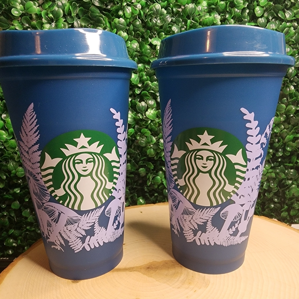 2 Starbucks 2022 Fall Mushroom Fern Rainforest Color Changing Reusable Hot Cup